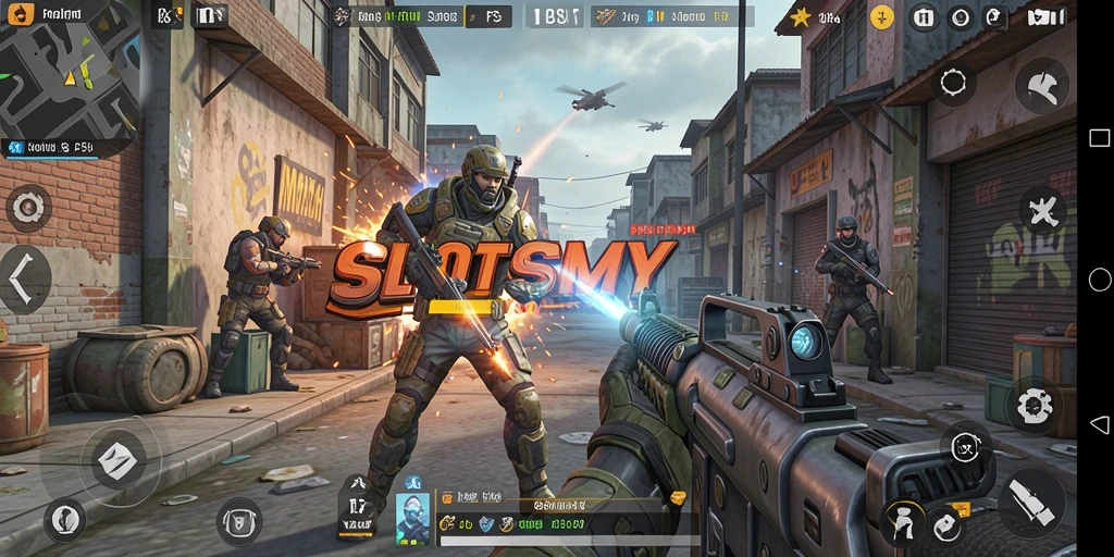 Tampilan menegangkan dalam gameplay SLOTSMY saat beraksi di arena.